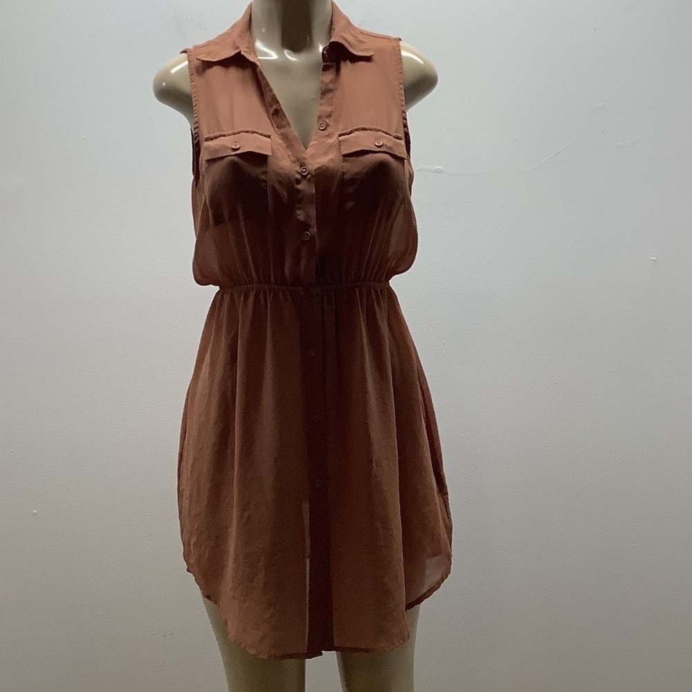 Cotton On - Size Medium Sleeveless Tan Button-Up Sheer Shirt Dress. Preloved